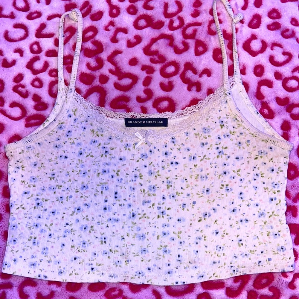BRANDY MELVILLE a white with blue floral cropped tank top. Floral white lace.